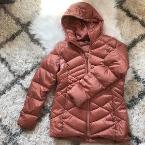 North Face blush pink women’s puffy jacket